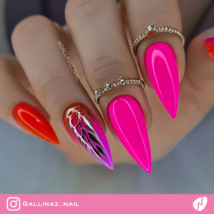 Bright Pink Nails with Leaves